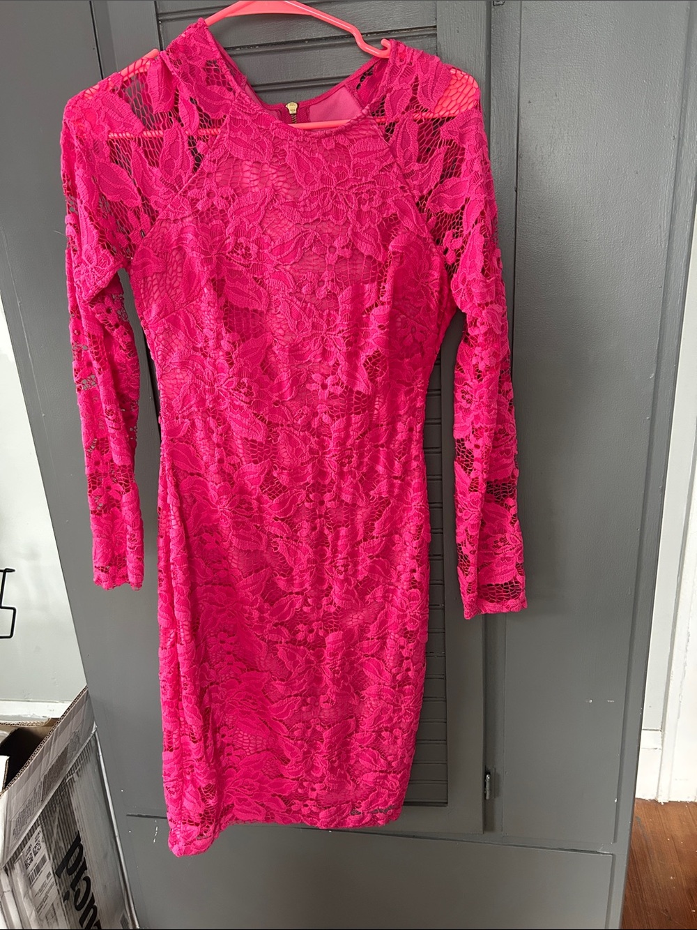 Bright Pink Lace Long Sleeve Dress